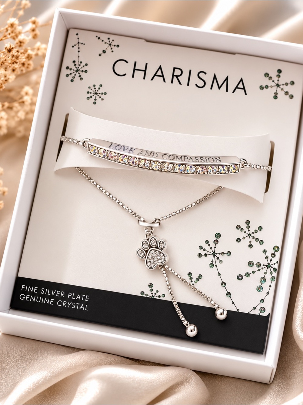 Charisma Silver-Tone Crystal Curved Bar Bracelet Paw Print Adjustable Bracelet